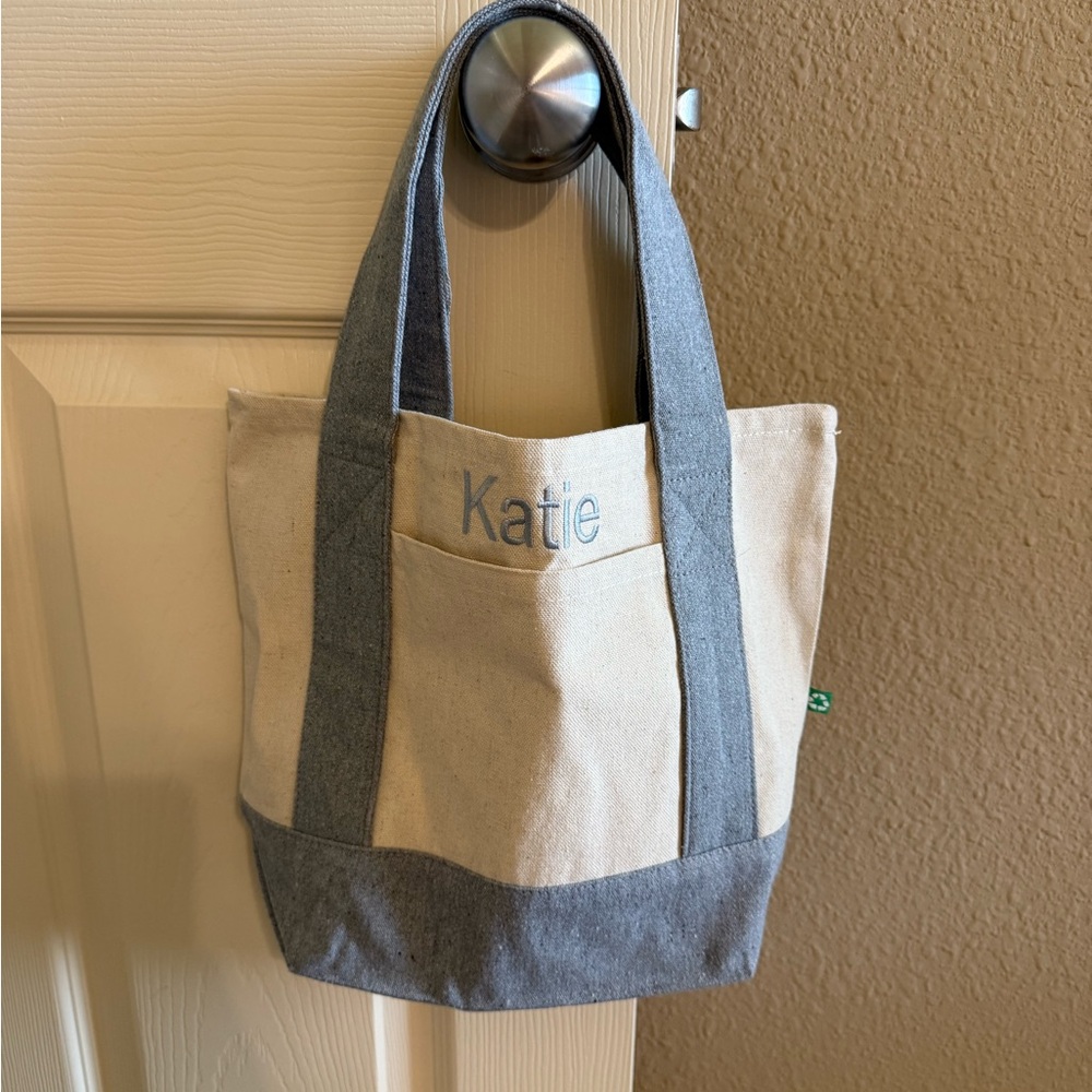 Katie Canvas Tote Bag with Light Blue Trim